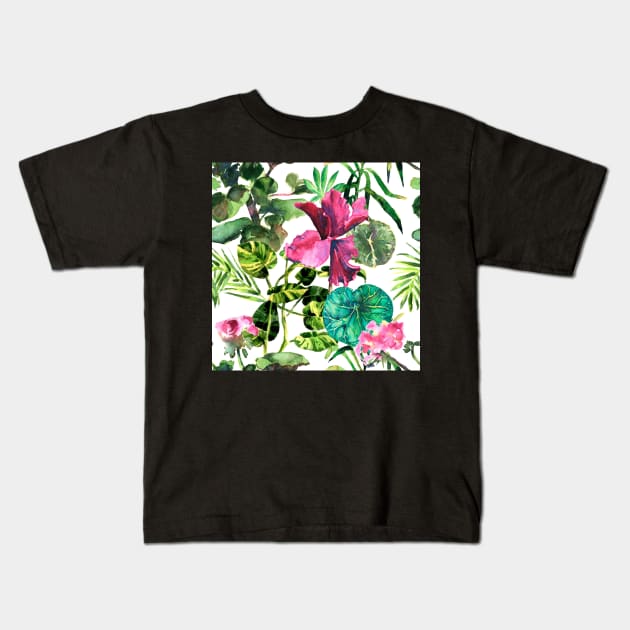 Seamless tropical flower, plant and leaf pattern background Kids T-Shirt by Olga Berlet